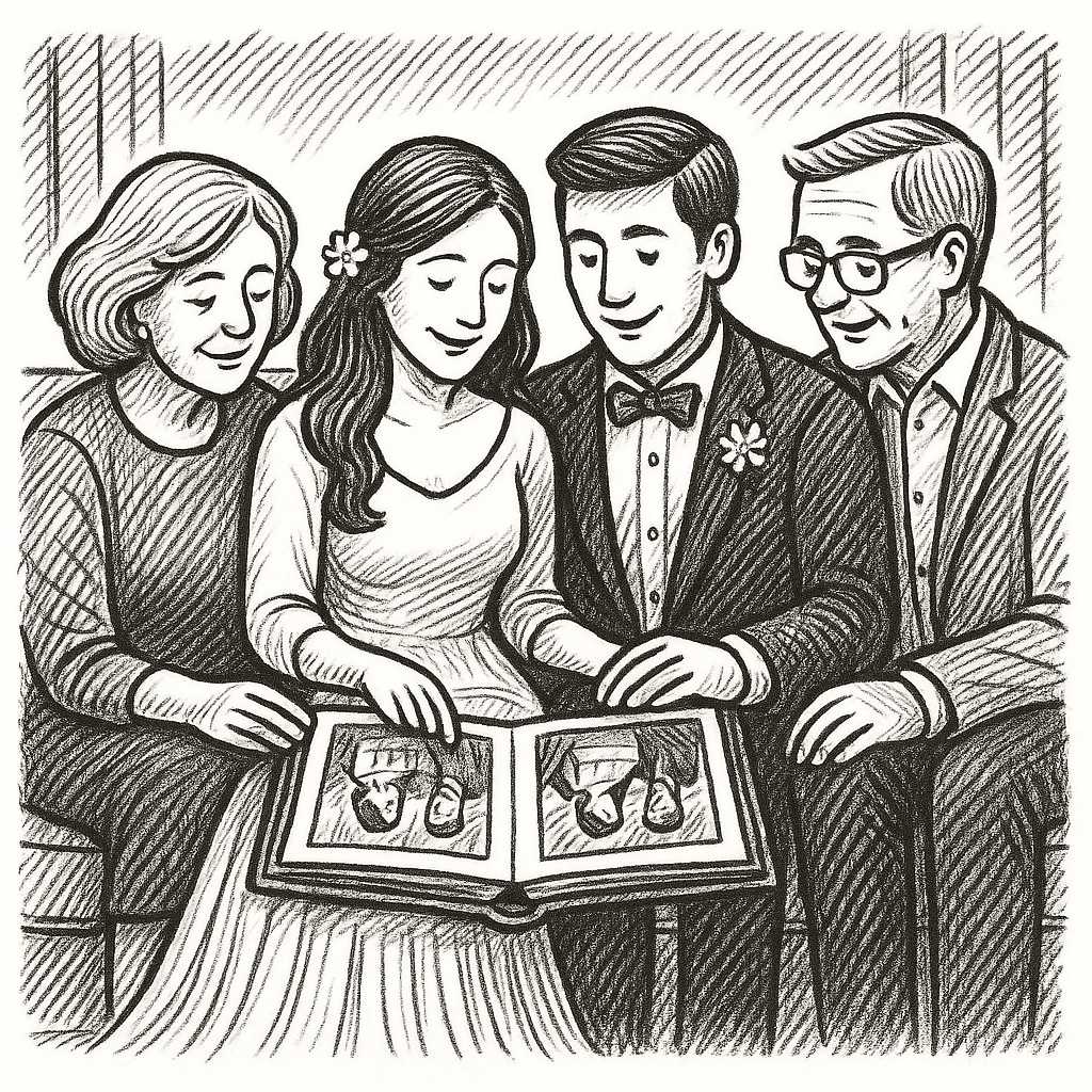 Bride and Groom with Faimily Watching Their Video On TV sketch